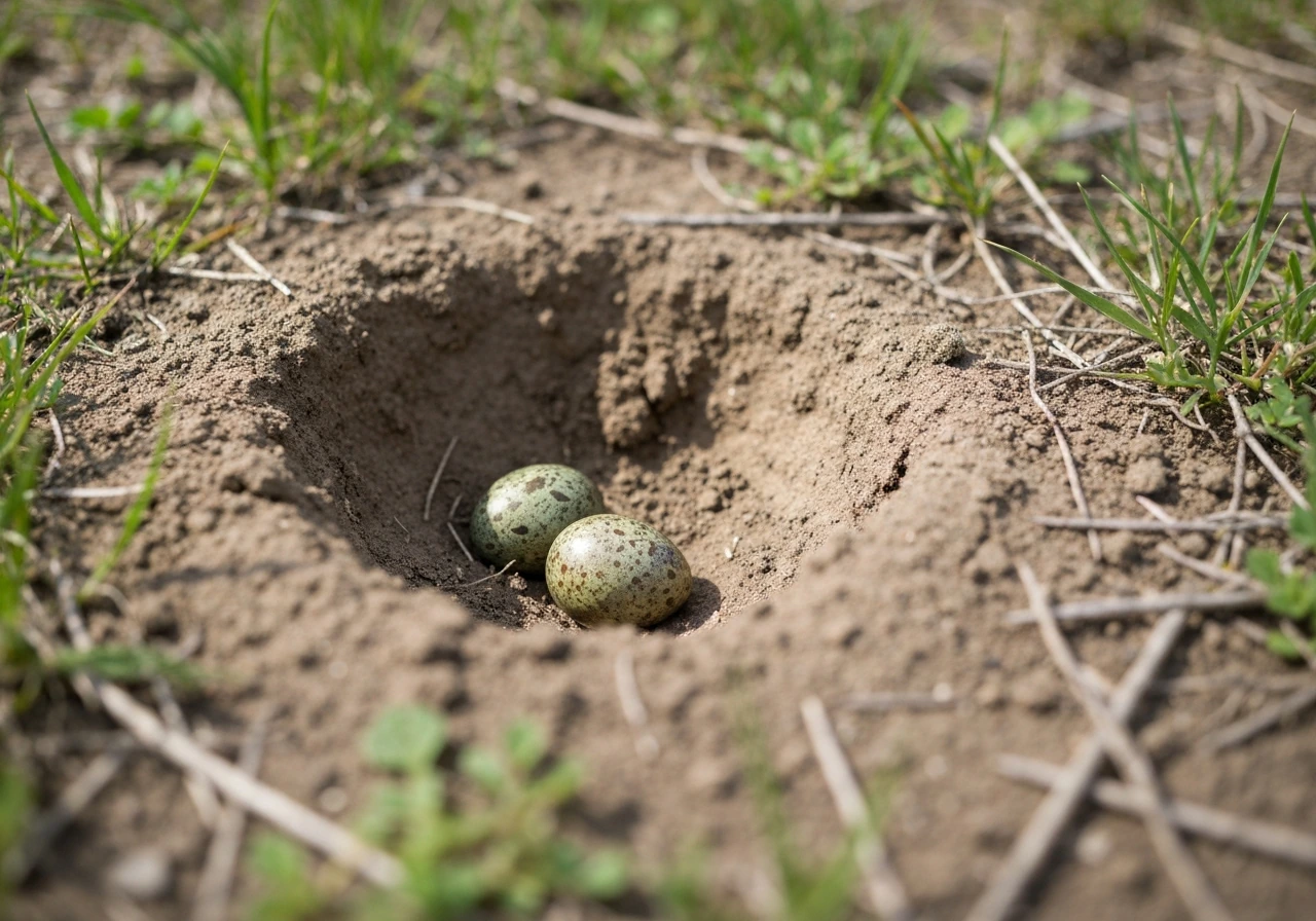 Shallow soil scrape nest with camouflaged eggs surrounded by sparse grass and weeds