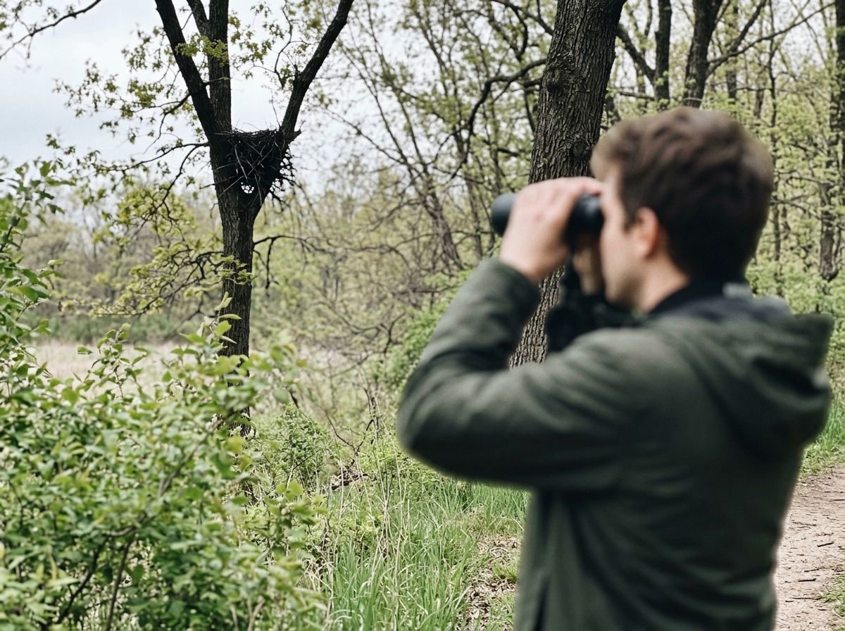 Person watching a nest from a distance with binoculars