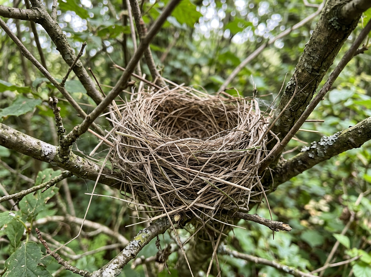 Cup nest built from grass and plant fibers