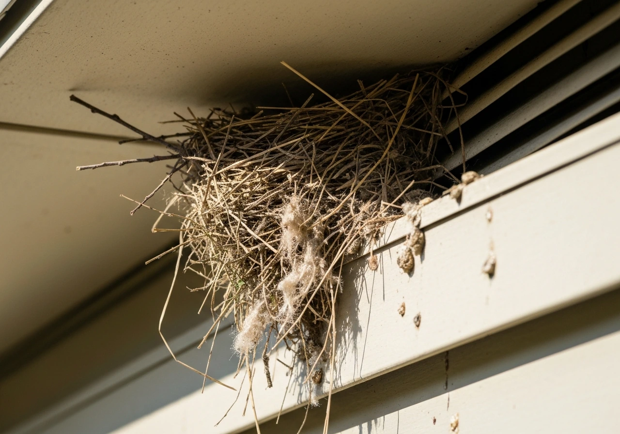 Messy bird nest in a home eave corner with twigs, debris, and droppings on the siding ledge.