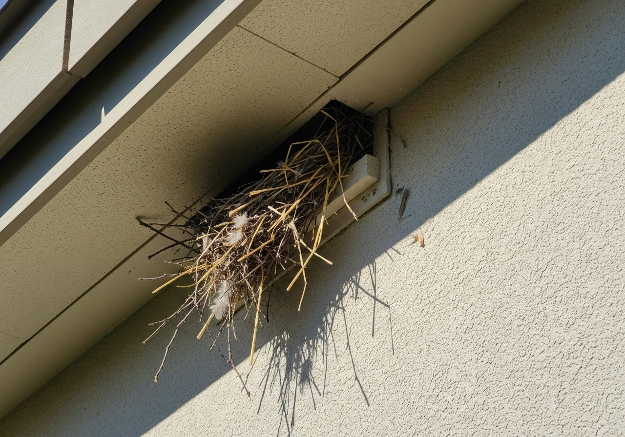Close photo of a rooftop eave with loose twigs and feathers spilling from a vent, beside clean siding