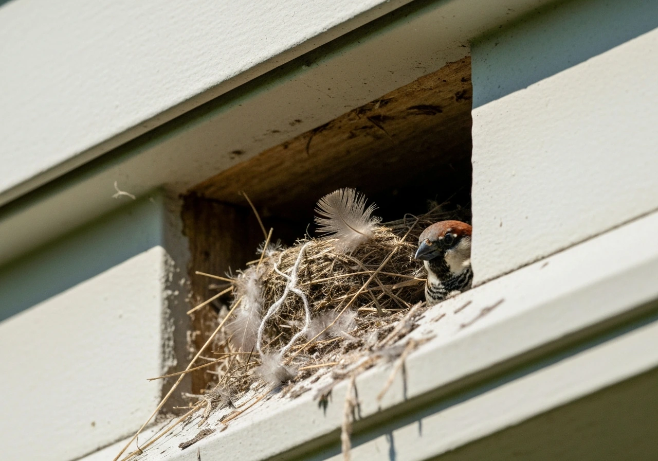 Close-up of house sparrow nest debris—feathers and dried grass stuffed in an eave vent opening.