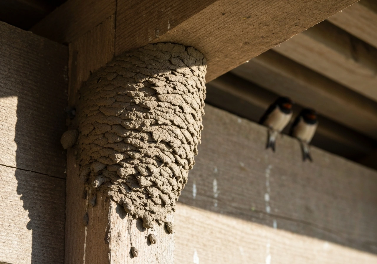 Mud-dauber mud nest plastered to a weathered barn beam, with droppings and a couple of distant swallows.