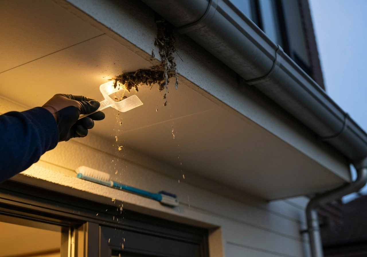 Gloved hand using a small tool to remove dried bird droppings and nest debris from an eave