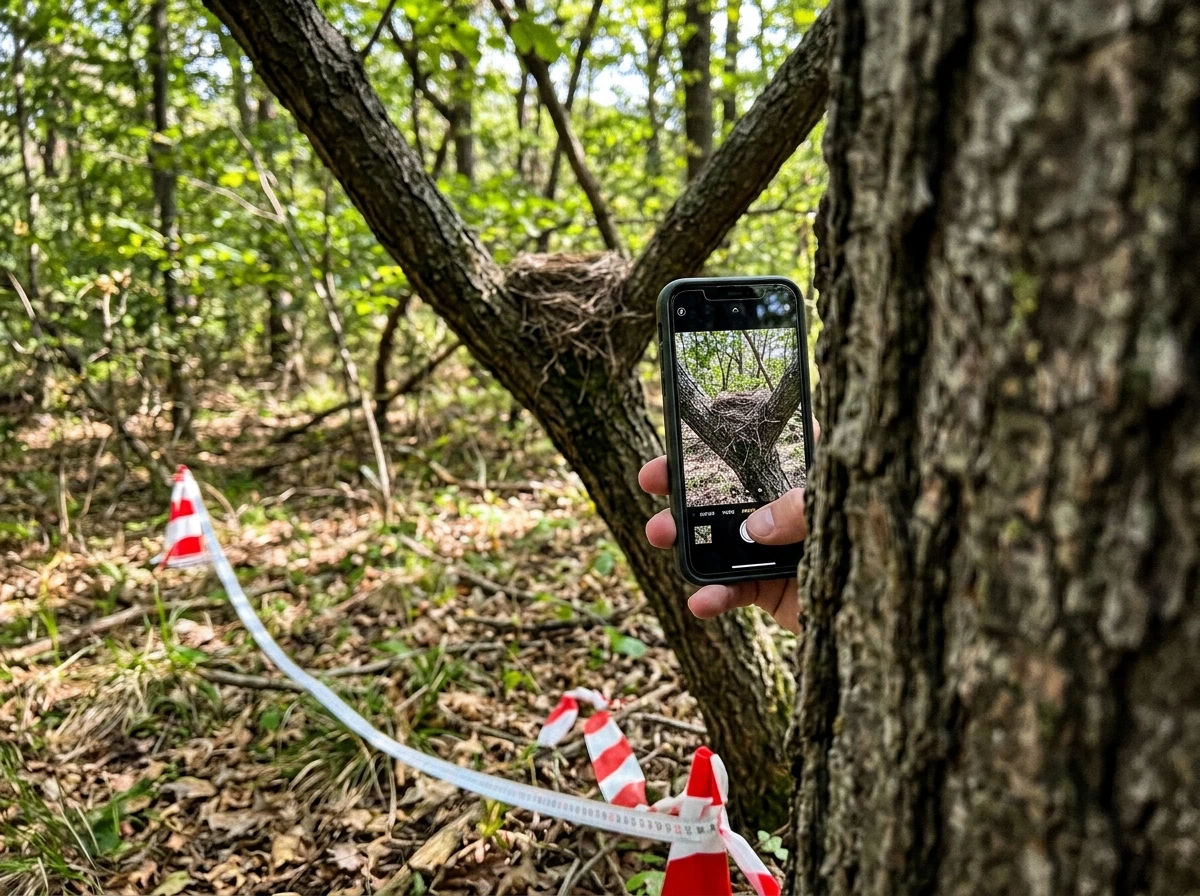 Smartphone photo taken from a safe distance of an active bird nest with eggs