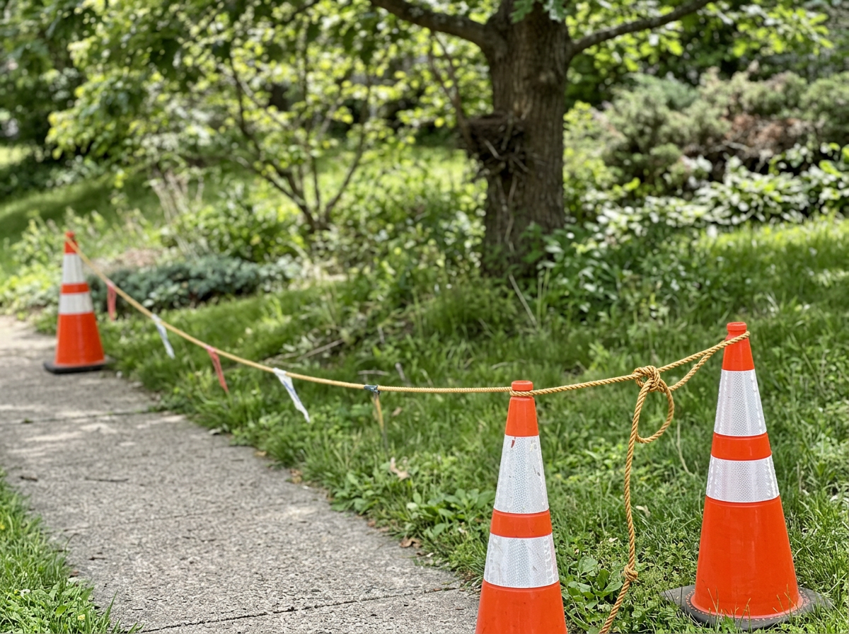 Temporary cones and rope barrier redirect people away from a nest