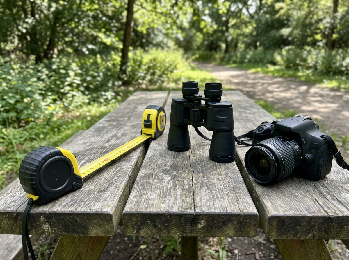 Binoculars and distance measure representing observing from afar, not touching nests