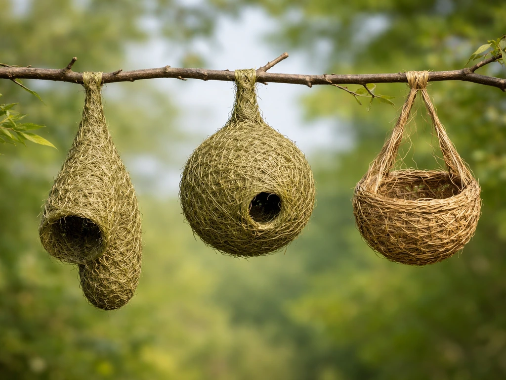 Three different woven weaver-bird nests with distinct shapes and entrance styles on branches.
