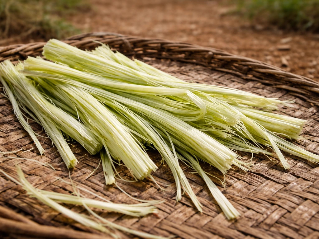 Close-up of fresh green plant fiber strips arranged in a woven nest, showing pliable texture and freshness.