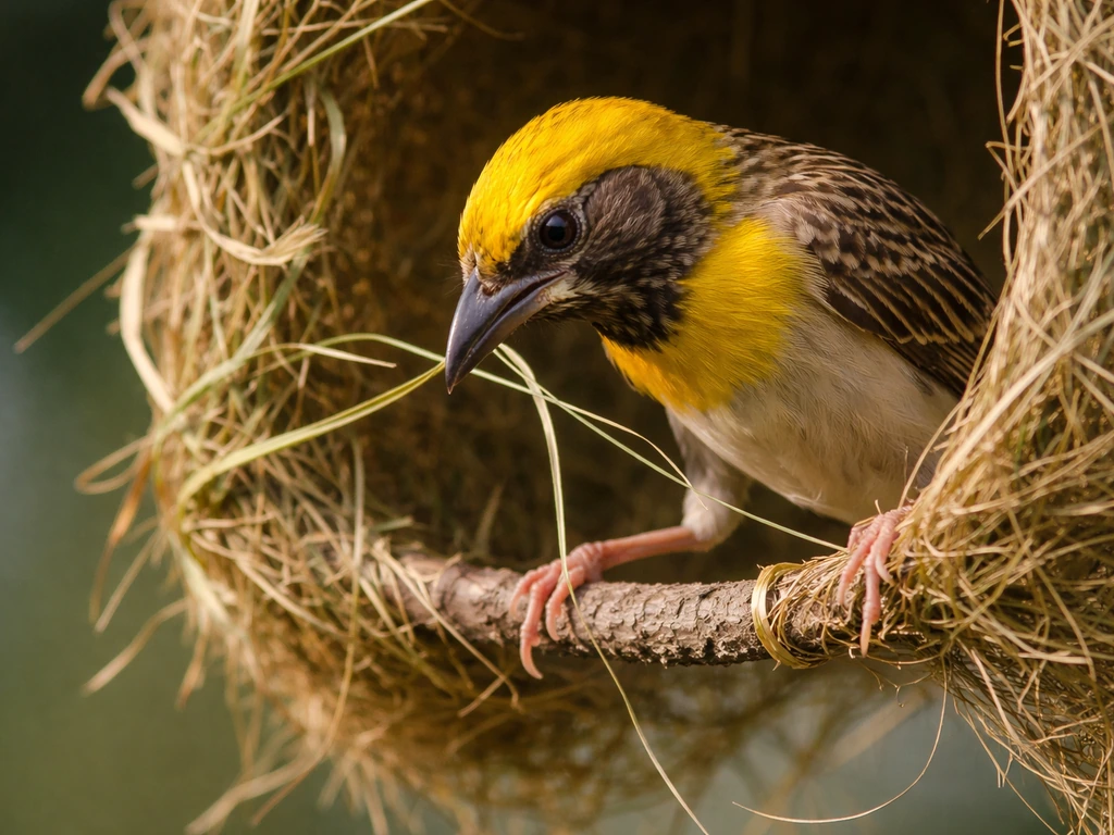 Close-up of a bird weaving: beak threads a fiber while feet grip the nest frame.