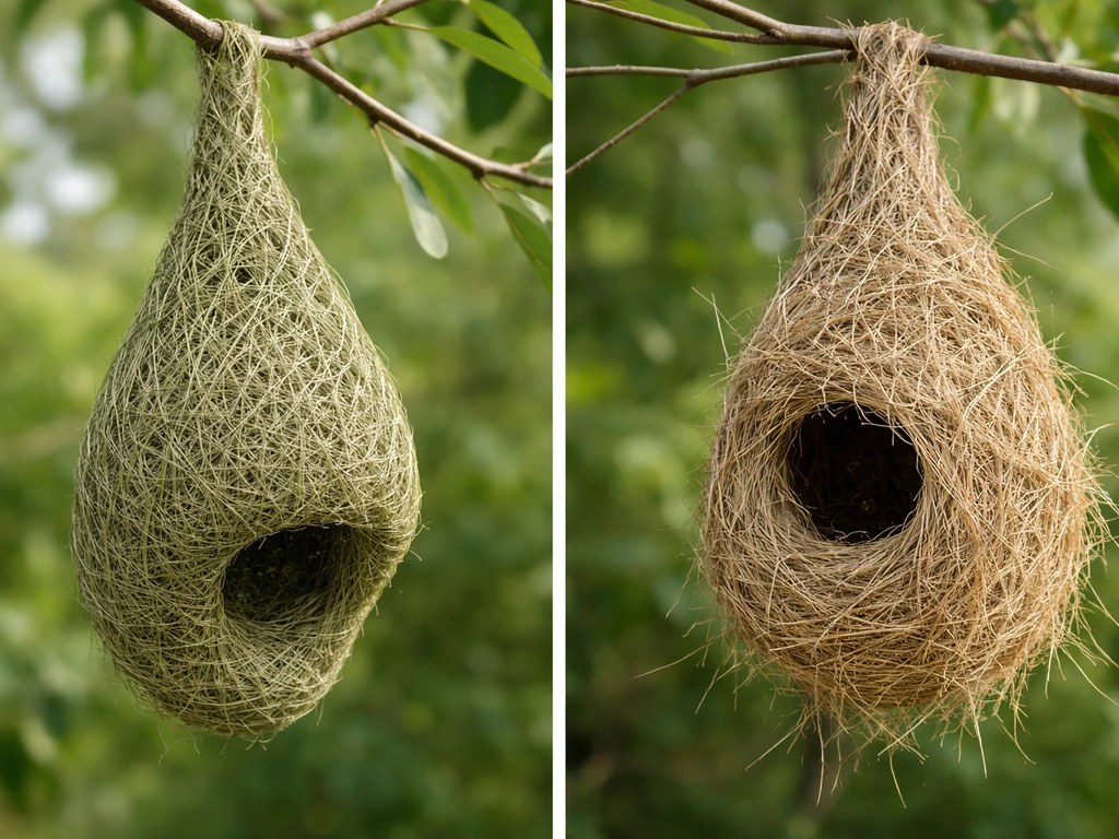 Close-up of two types of woven bird nests side by side on a branch, showing different entrance openings.