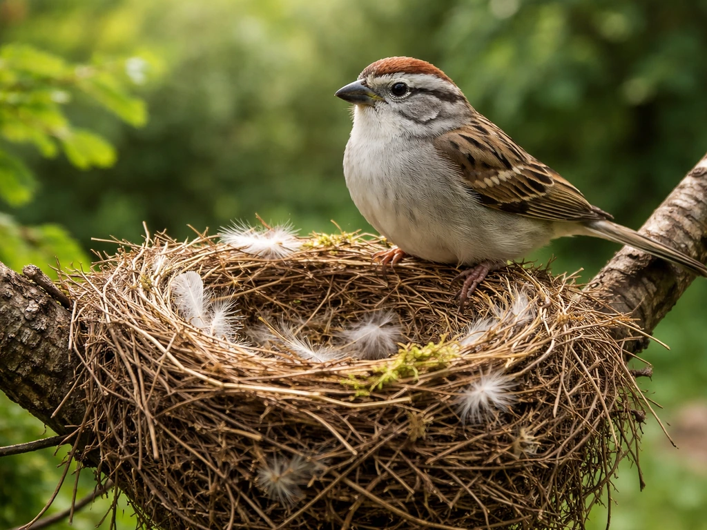 Small brown bird perched on an actively reused nest with fresh feathers and twigs in a quiet yard.