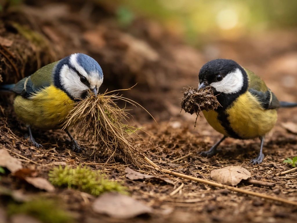 Two small birds close-up collecting grass and mud for nest building on a quiet forest edge.