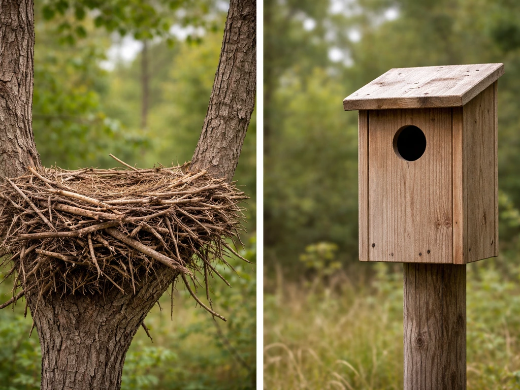 Split view of an old large stick raptor nest and a separate cavity nest box with natural surroundings