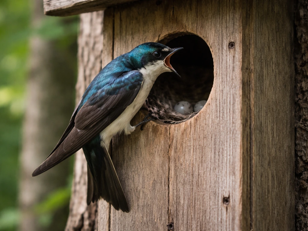 Aggressive bird at the entrance of an active wooden nest box mounted on a tree, forest background.