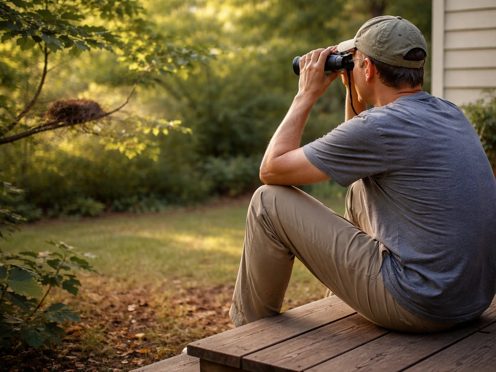 Homeowner on porch using binoculars to observe a bird nest from a safe distance.