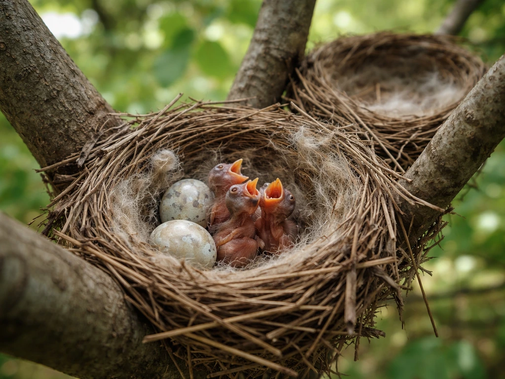 Active bird nest with eggs and nestlings in a tree branch fork, showing nest structure details.