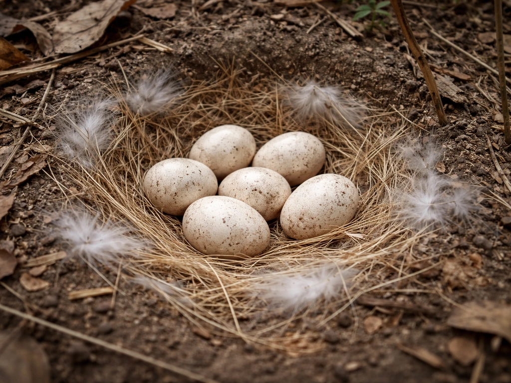 Close-up of bird eggs nestled in a small lined ground scrape, sheltered by natural debris.