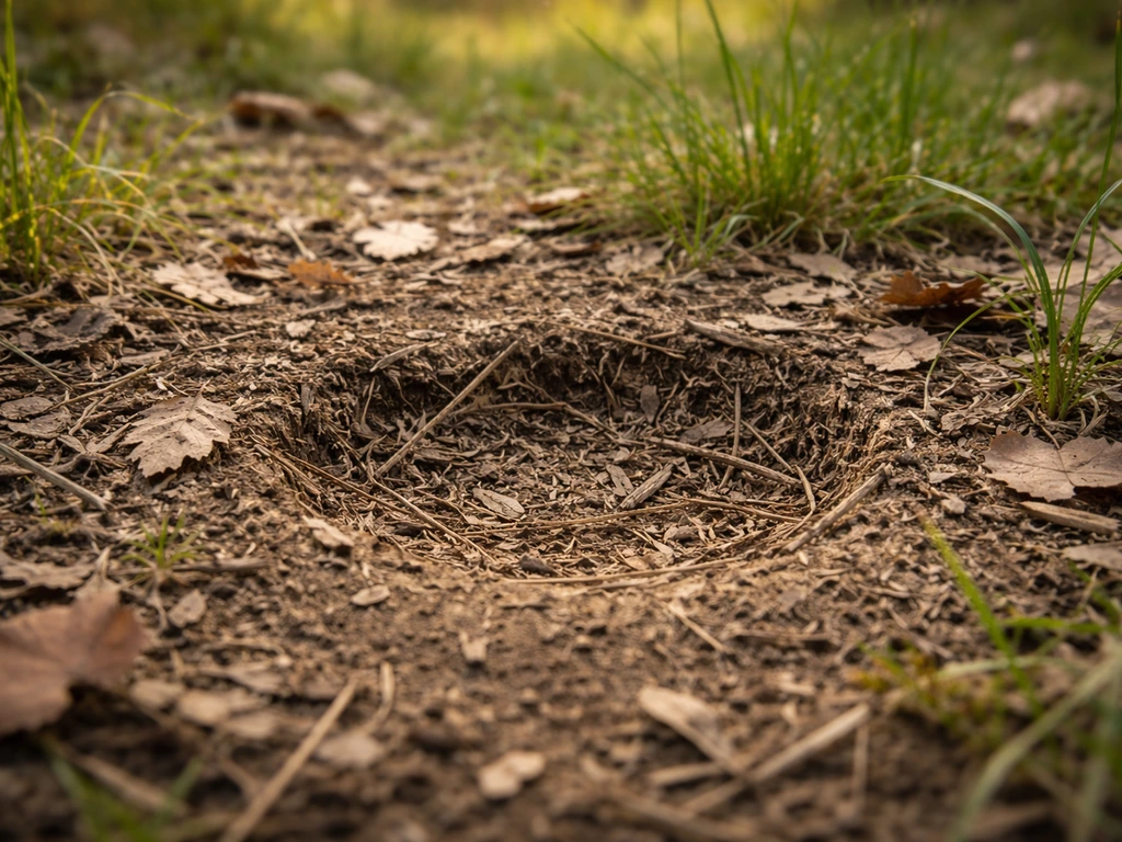 Shallow ground depression lined with leaf litter in a natural habitat, resembling a scrape nest.