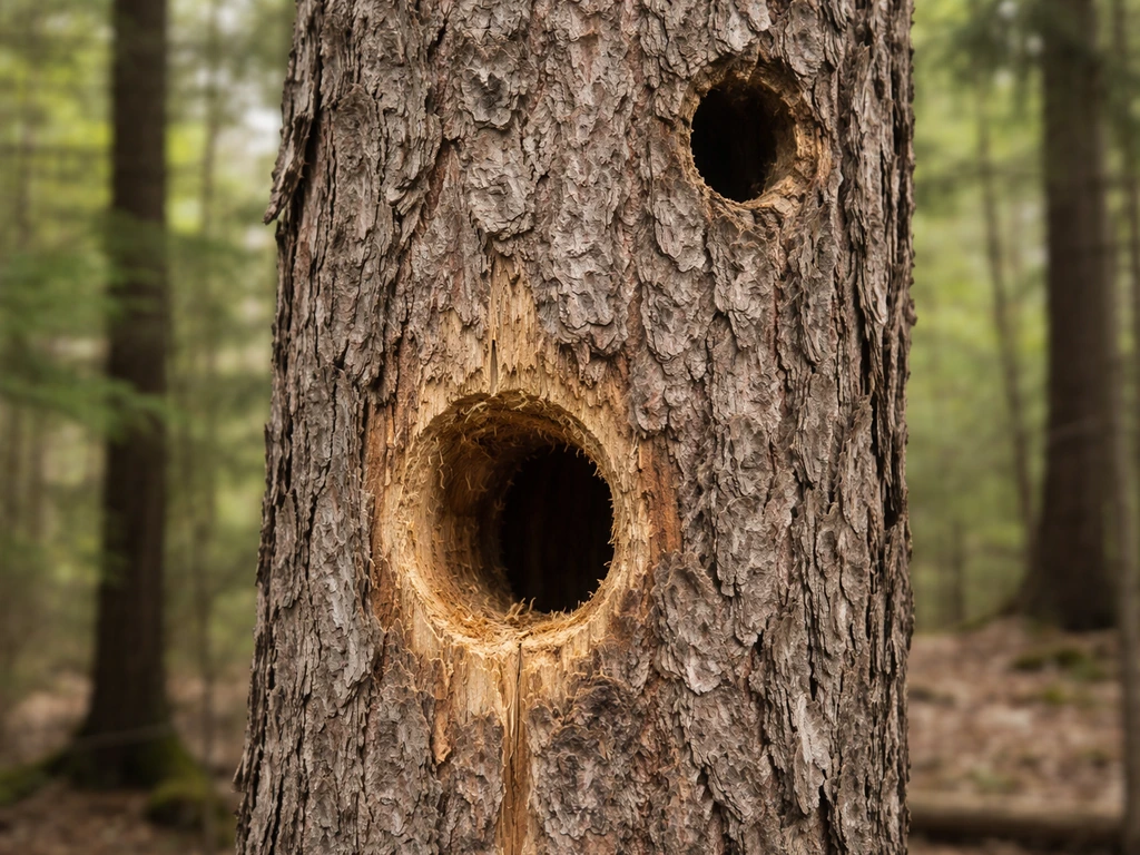 Woodpecker-made cavity hole in a dead standing tree, with a nearby secondary nesting cavity spot.