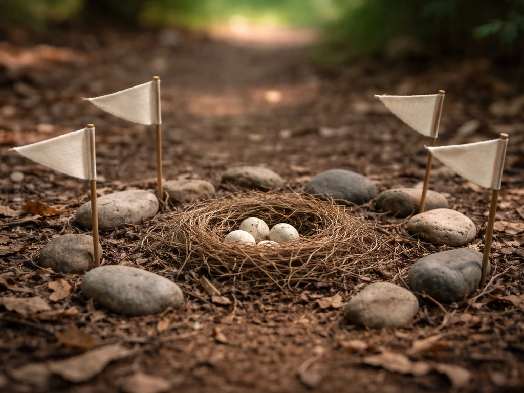 Small ground nest protected by a simple marked-off area with stones and a few flags nearby.