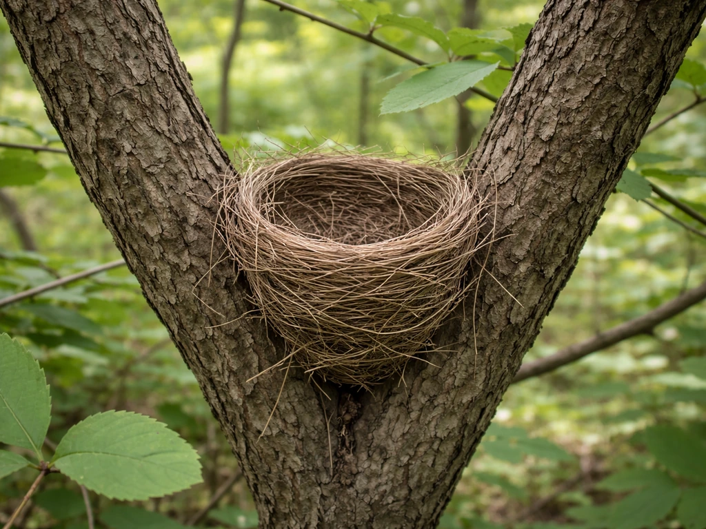 Close-up of a small songbird cup nest tucked into a Y-shaped tree branch junction among green foliage.