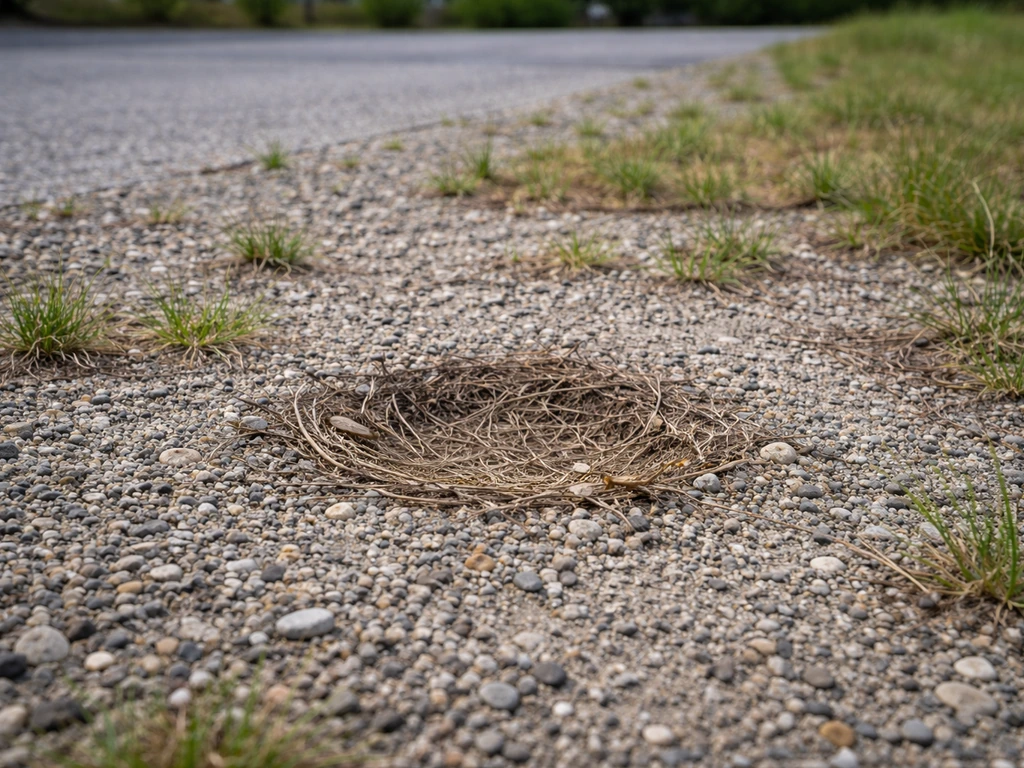 Camouflaged scrape nest in an open gravel patch with short grass, showing ground nester habitat.