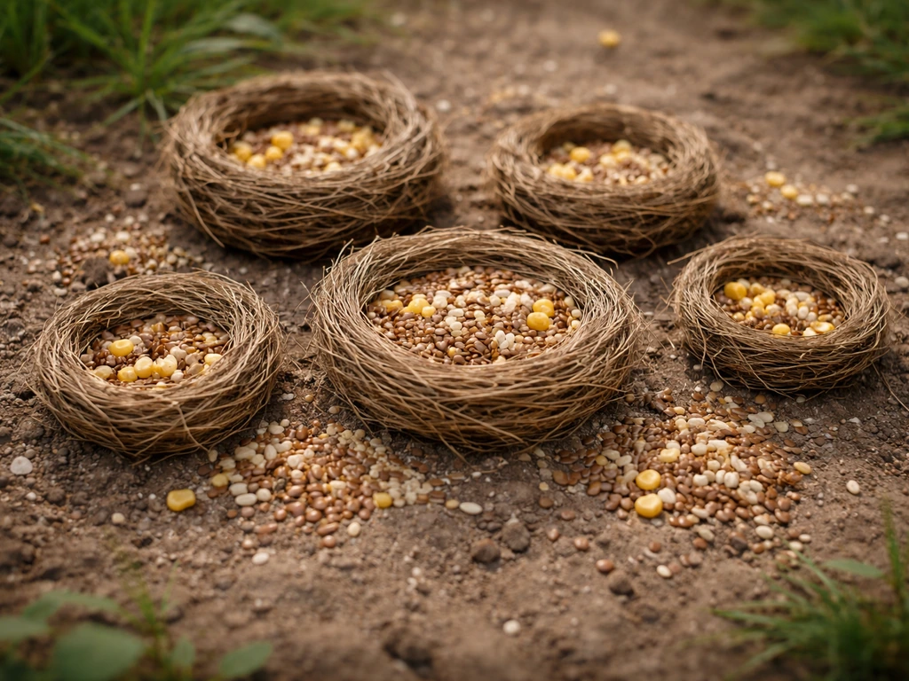 Multiple OSRS-style bird nests with small seeds on the ground, evoking Farming use in-game.