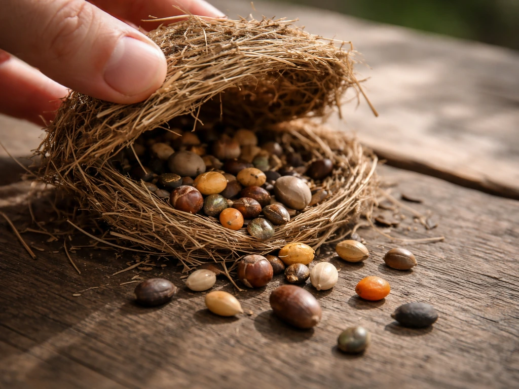 An OSRS-style bird nest opened with tree and fruit tree seeds spilling out on a wooden table.