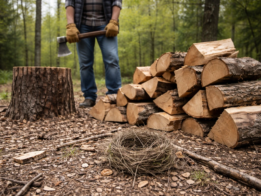 Close-up of chopped logs on the ground with a small bird nest dropping near them outdoors.