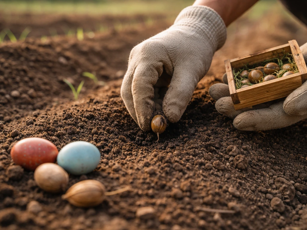 Hands placing a small tree seed into tilled soil in a farming patch near colorful bird eggs.