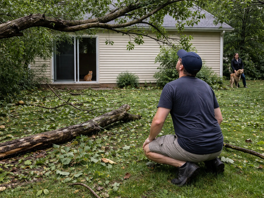 Anonymous adult kneeling back to inspect overhead storm branches while pets stay safely away indoors.