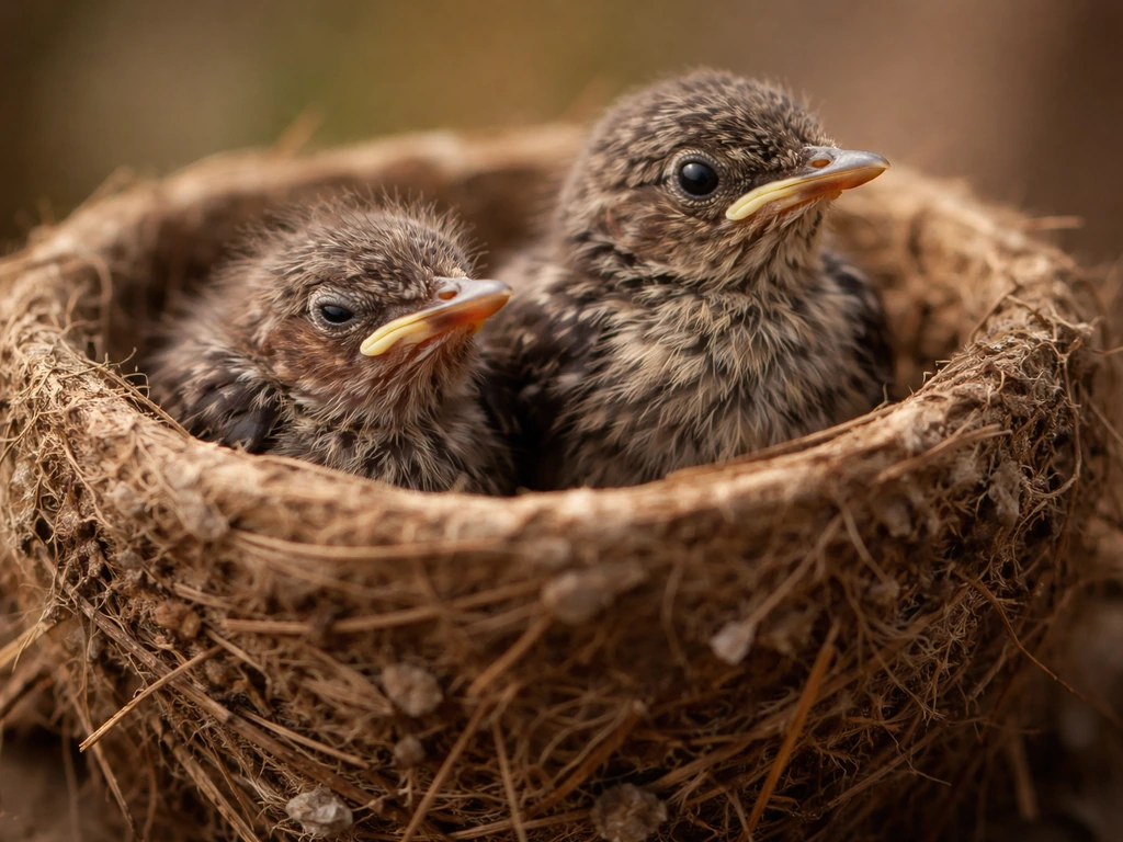 Close-up of two small bird chicks in a nest, one with more feathers and one less feathered.