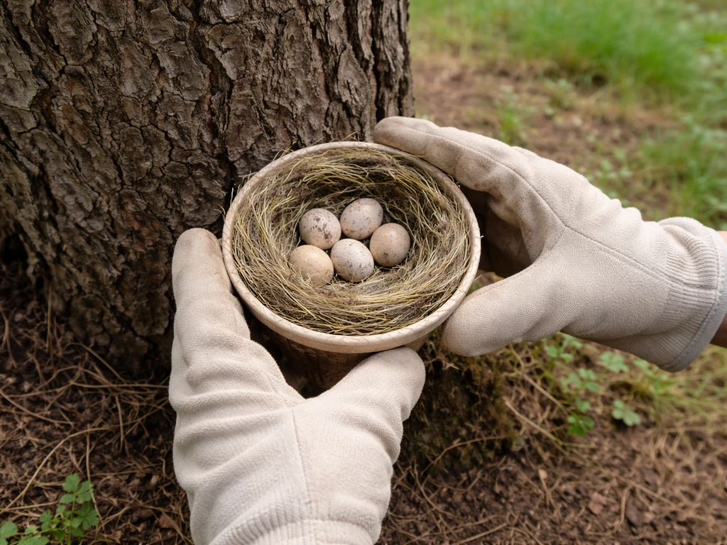 Person gently placing a warm bird nest with eggs into a small lined container near a tree