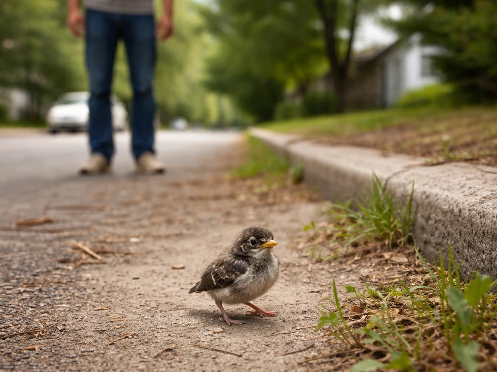 A feathered baby bird hopping on the ground while a rescuer stands back nearby, not touching.
