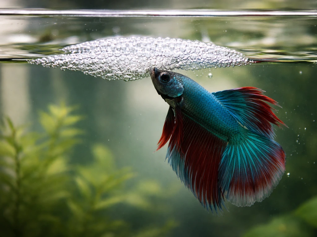 Above-water aquarium shot of a labyrinth fish building a bubble nest at the water surface.