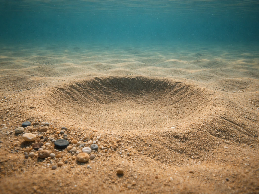 Underwater view of a cichlid sand-bower site with bowl-shaped pits and scattered nest material.