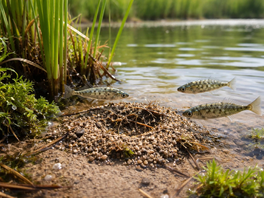 Three-spined sticklebacks nest in a quiet shallow pond edge among reeds and gravel