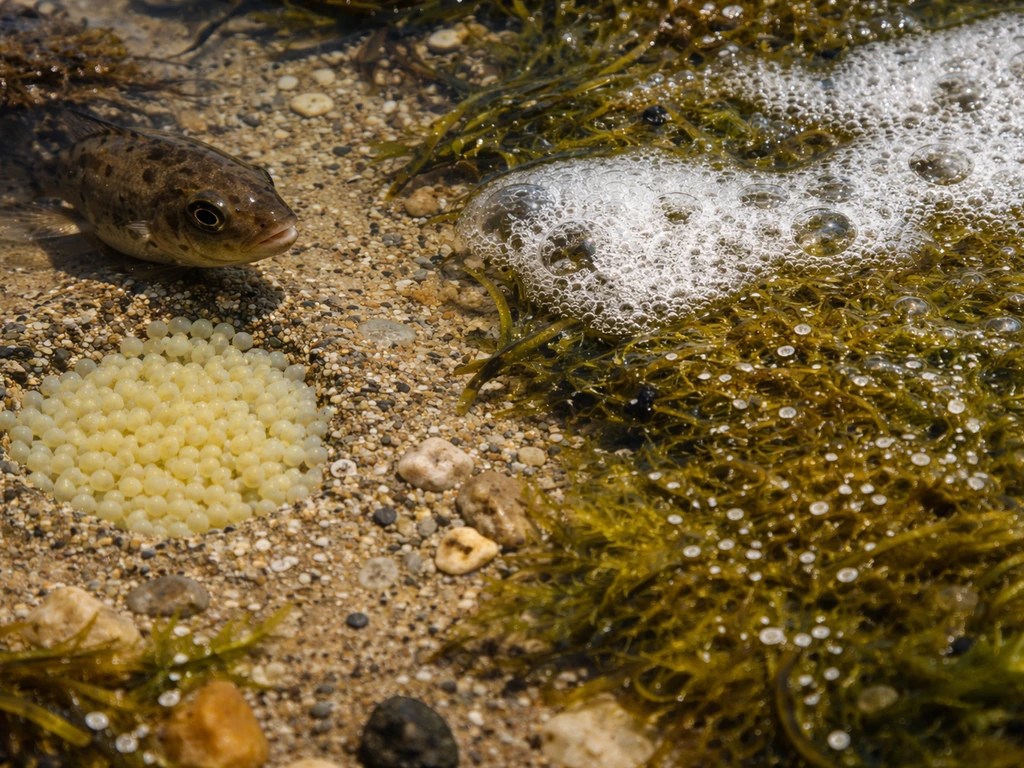 Underwater close-up comparing clustered eggs in a nest versus loose foam/algae with scattered dots.
