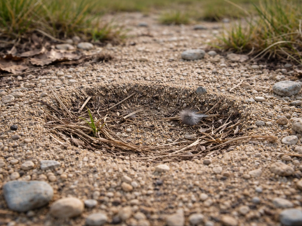 Ground-nest scrape in gravel with subtle depression and natural habitat around it
