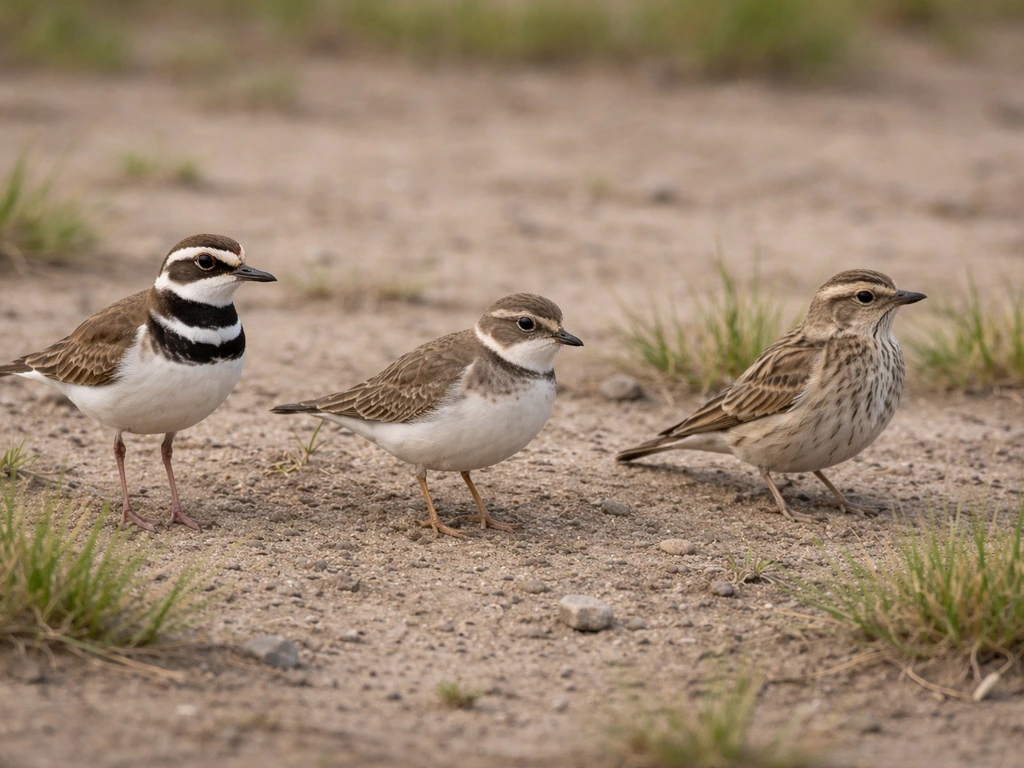 Several small North American ground-nesting birds together on bare soil near sparse grass, field guide feel.