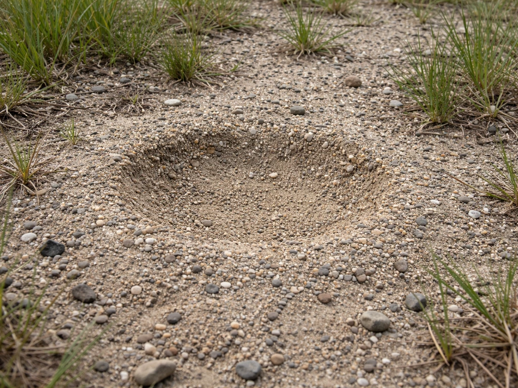 Shallow scrape nest depression in bare gravel with short grass nearby, camouflaged ground-level habitat