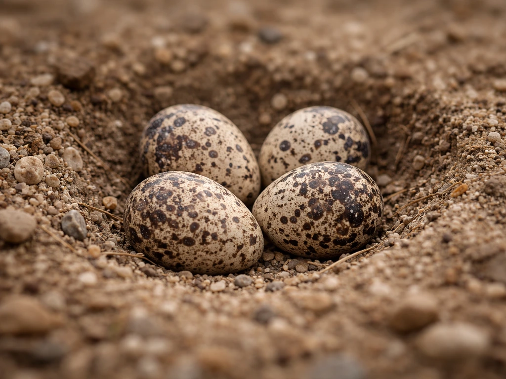 Close-up of cryptically speckled ground-nest eggs beside a matching patch of soil and gravel.