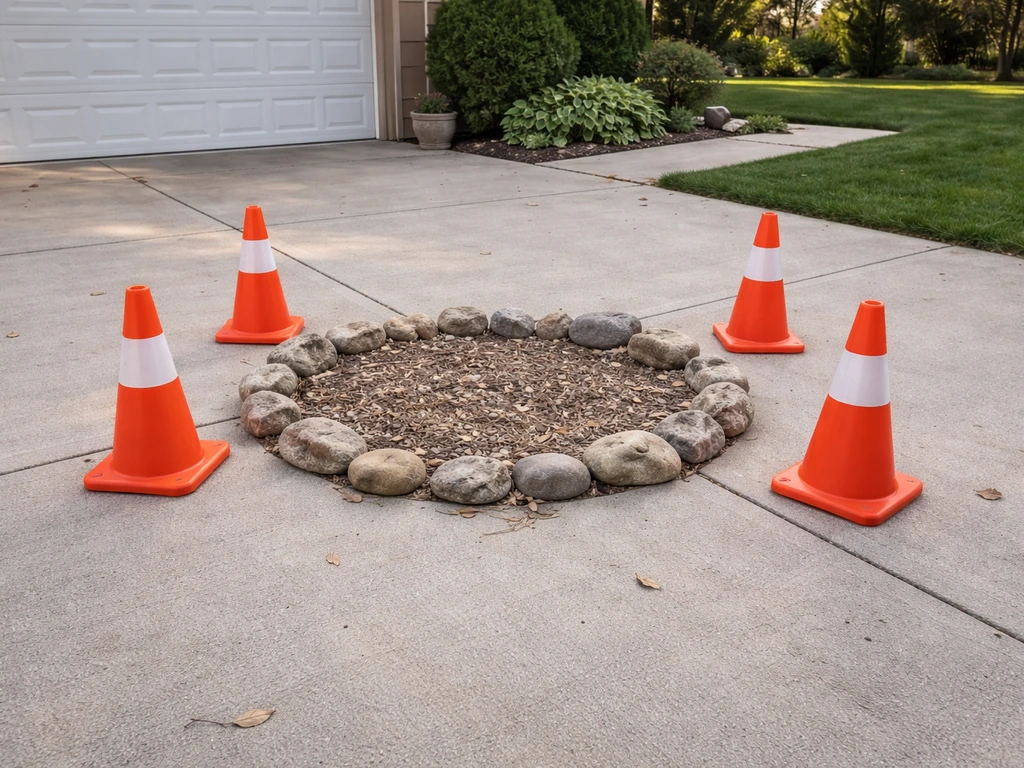 Orange construction cones and a small ring of rocks mark a ground-nesting bird area in a quiet driveway.