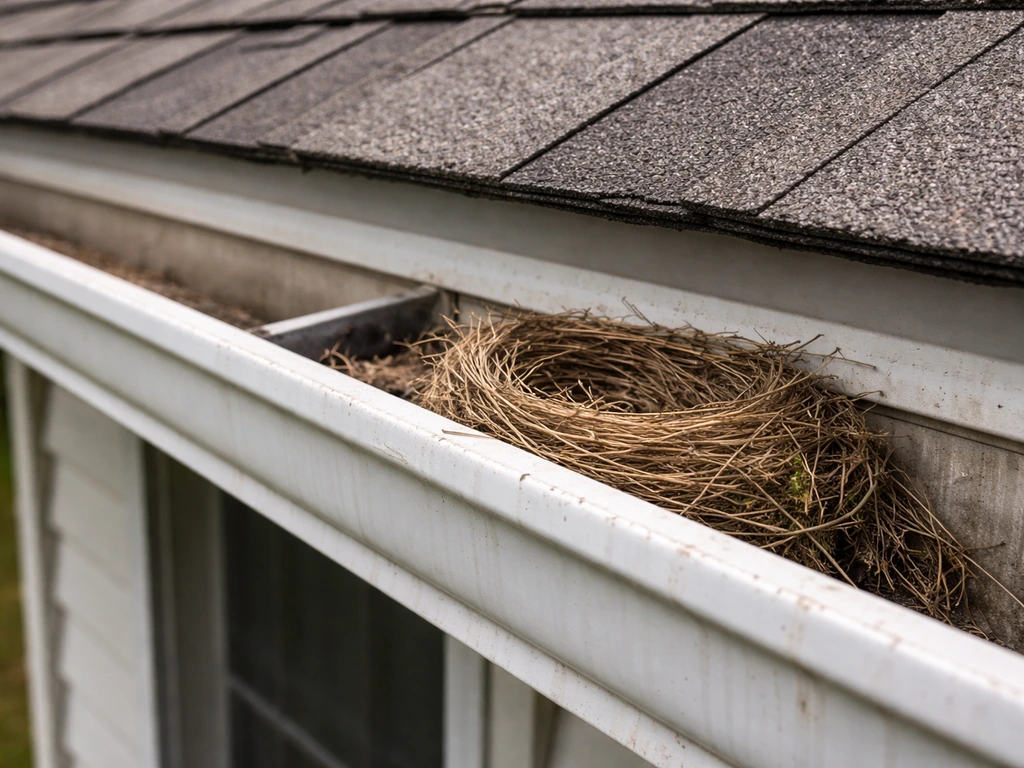 Small bird nest tucked into a home’s gutter along the roof edge, close-up showing the exact location.