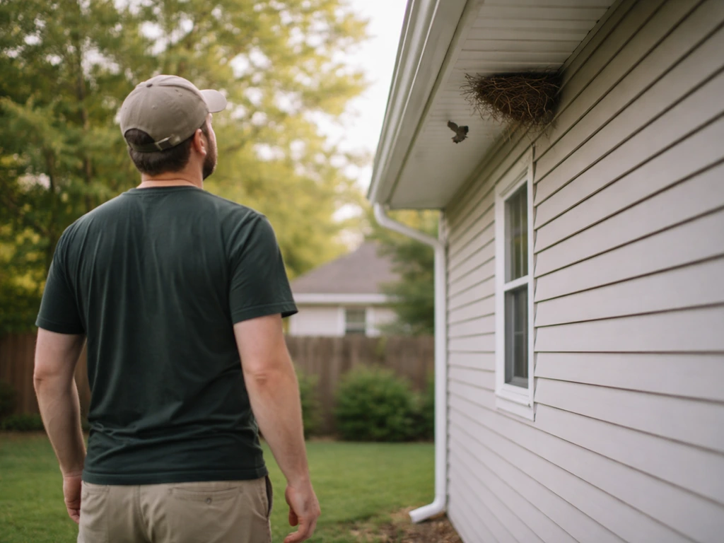 Homeowner stepping back to observe a bird nest near a gutter from a respectful distance