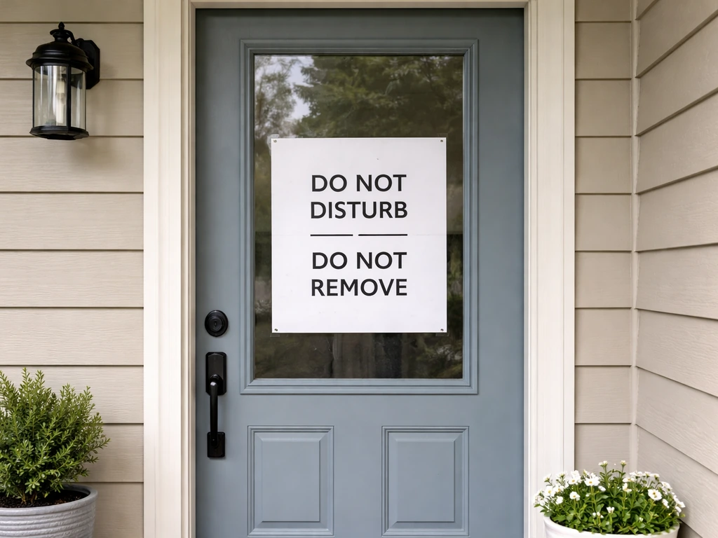 Close view of a home front door with a visible notice: do not disturb/remove message overlay