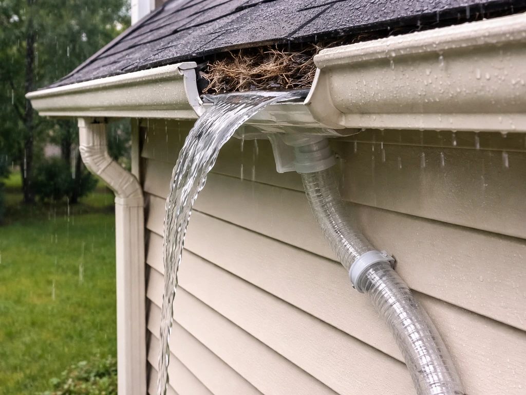 Rainy gutter with a temporary overflow hose channeling water away without disturbing a nest area.