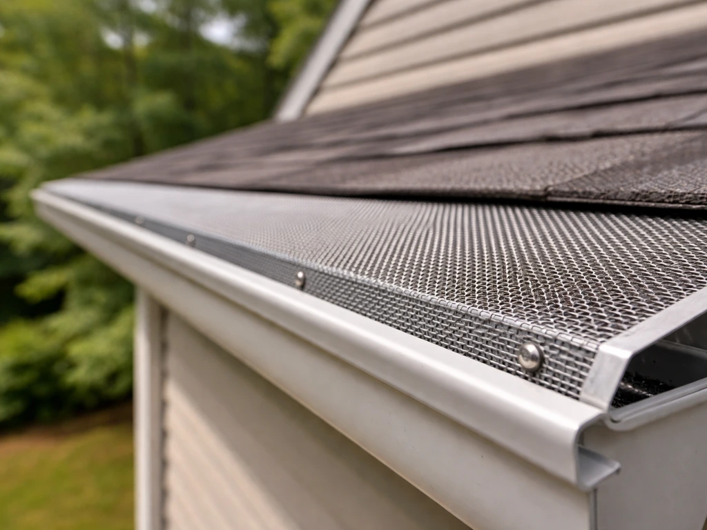 Close-up of fine-mesh gutter guard installed on a home gutter, showing an exclusion barrier against birds.