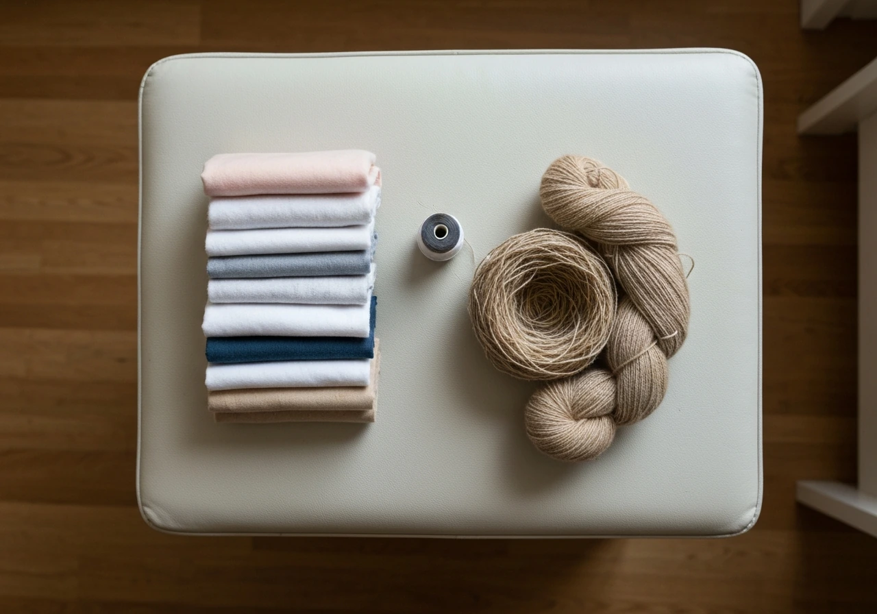 Top-down view of fabric scraps, a thread spool, and loose yarn arranged like an inviting nesting spot.